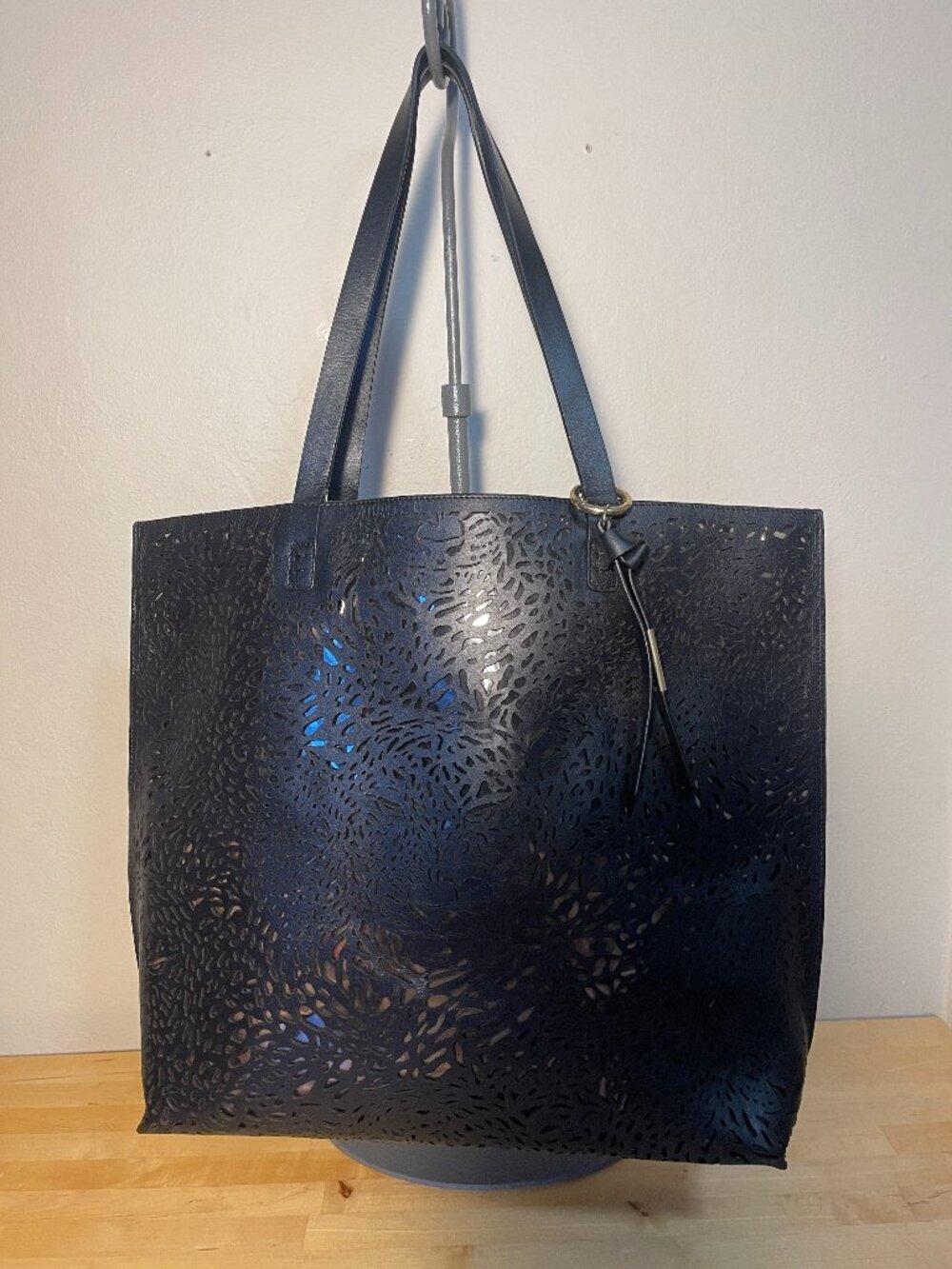 Foley + Corinna Black Leather Tote Laser Cut Perforated Shoulder Bag